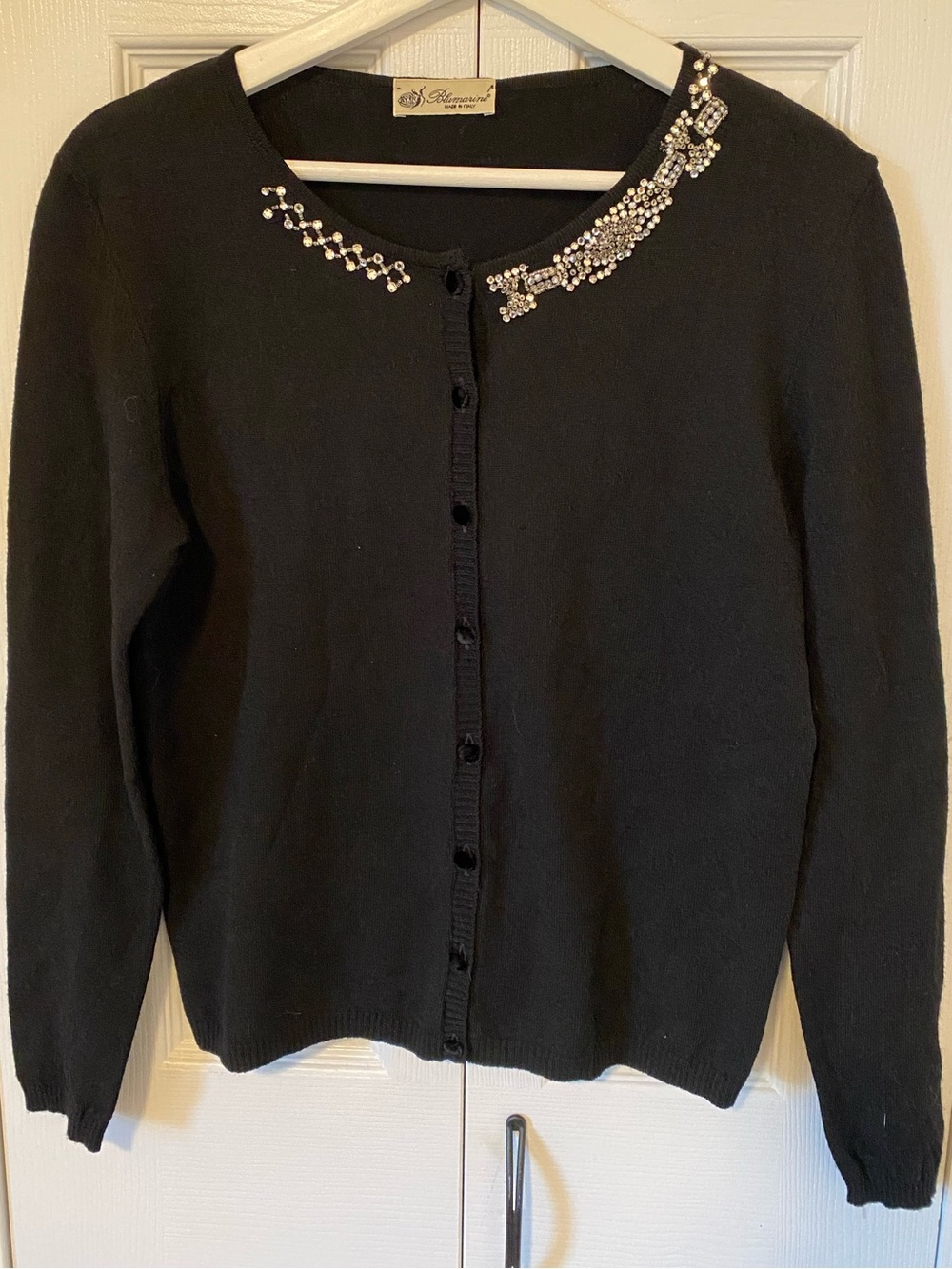 Blumarine Vintage Y2K Hand Sewn Rhinestone Embellished Wool Blend Cardigan black